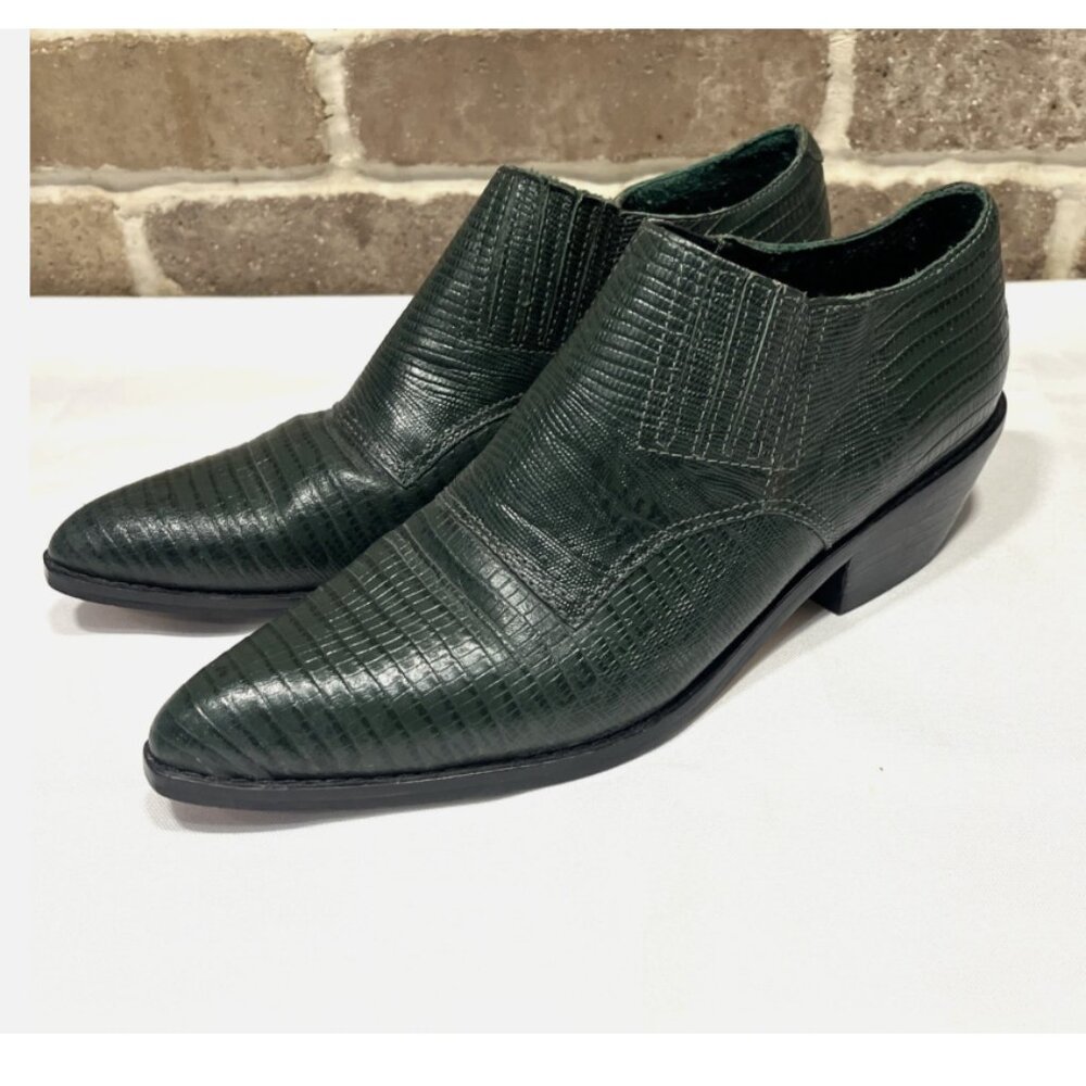 CLICKS Vintage Green Croc Leather Western Bootie Boots 2in Heel Size 8M